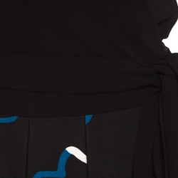 Pre Owned Diane Von Furstenberg Black and Blue Printed Wool and Silk Jewel Wrap Dress L