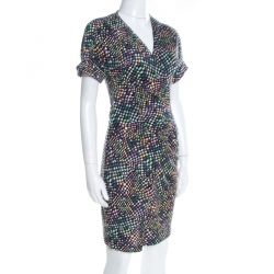Pre Owned Diane Von Furstenberg Black Geometric Print Silk Jersey Arely Wrap Dress S