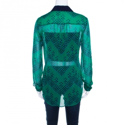 Pre Owned Diane von Furstenberg Green Chevron Spot Printed Silk Georgette Lorelei Two Blouse S