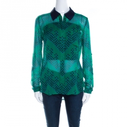 Pre Owned Diane von Furstenberg Green Chevron Spot Printed Silk Georgette Lorelei Two Blouse S