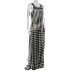 Pre Owned Diane Von Furstenberg Black and White Checkered Silk Davina Maxi Dress M