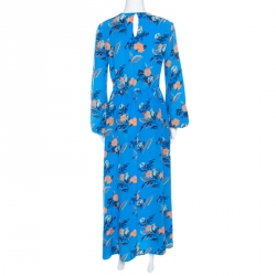 Pre Owned Diane Von Furstenberg Blue Silk Mandarin Floral Print Maxi Dress S 