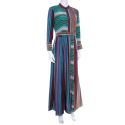 Pre Owned Diane von Furstenberg Multicolor Striped Silk Maxi Shirt Dress S