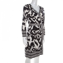 Pre Owned Diane Von Furstenberg Monochrome Printed Silk Jersey Tallulah Wrap Dress L 