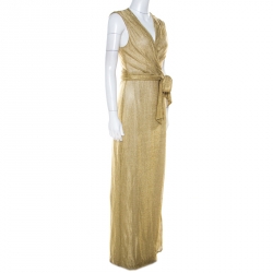 Pre Owned Diane Von Furstenberg Metallic Gold Knit Sleeveless Maxi Wrap Dress M