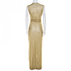 Pre Owned Diane Von Furstenberg Metallic Gold Knit Sleeveless Maxi Wrap Dress M