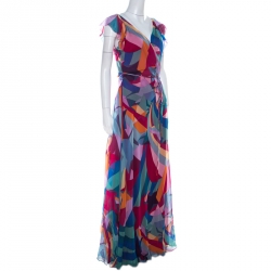 Pre Owned Diane Von Furstenberg Multicolor Silk Chiffon Maupiti Wrap Dress L