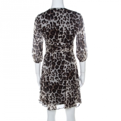 Pre Owned Diane Von Furstenberg Leopard Print Silk Ruched Waist Dress XS