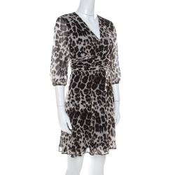 Pre Owned Diane Von Furstenberg Leopard Print Silk Ruched Waist Dress XS