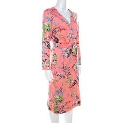 Pre Owned Diane von Furstenberg Coral Pink Flora and Fauna Print Silk Wrap Dress L