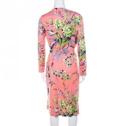 Pre Owned Diane von Furstenberg Coral Pink Flora and Fauna Print Silk Wrap Dress L