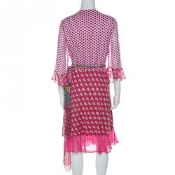 Pre Owned Diane Von Furstenberg Pink Silk Jersey & Chiffon Floral Print Nieves Wrap Dress L