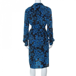 Pre Owned Diane von Furstenberg Black & Cobalt Blue Floral Print Silk Belted Shirt Dress L