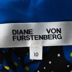 Pre Owned Diane von Furstenberg Black & Cobalt Blue Floral Print Silk Belted Shirt Dress L