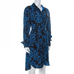 Pre Owned Diane von Furstenberg Black & Cobalt Blue Floral Print Silk Belted Shirt Dress L