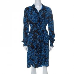 Pre Owned Diane von Furstenberg Black & Cobalt Blue Floral Print Silk Belted Shirt Dress L