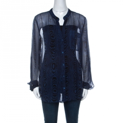 Pre Owned Diane von Furstenberg Dark Blue & Black Woodgrain Print Silk Chiffon Buttoned Gilmore Blouse L