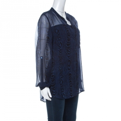 Pre Owned Diane von Furstenberg Dark Blue & Black Woodgrain Print Silk Chiffon Buttoned Gilmore Blouse L