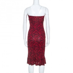 Pre Owned Diane Von Furstenberg Red Printed Silk Strapless Baby Jane Dress L