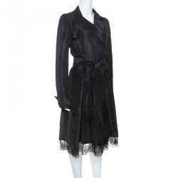 Pre Owned Diane Von Furstenberg Black Silk Taffeta Lace Trim Costa Wrap Dress M