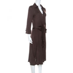 Pre Owned Diane Von Furstenberg Brown Jersey Tie Waist Eli Shirt Dress M