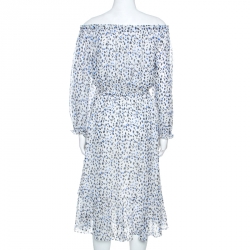 Pre Owned Diane Von Furstenberg White Printed Silk Off Shoulder Camila Dress S