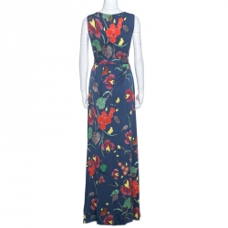 Pre Owned Diane Von Furstenberg Blue Floral Print Sleeveless Wrap Maxi Dress M