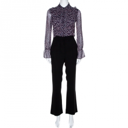 Pre Owned Diane von Furstenberg Black Printed Silk Ruffled Ariella Jumpsuit XS