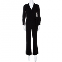 Pre Owned Diane Von Furstenberg Black Crepe Belted Jumpsuit XS 