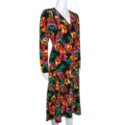 Pre Owned Diane von Furstenberg Black Floral Print Silk Midi Dress M
