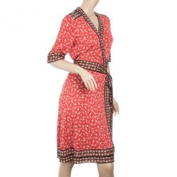 Pre Owned Diane von Furstenberg "Lucinda" Red Airplane Print Silk Wrap Dress L