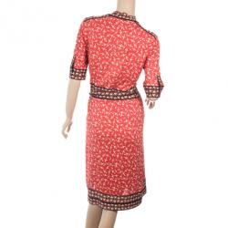 Pre Owned Diane von Furstenberg "Lucinda" Red Airplane Print Silk Wrap Dress L