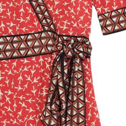 Pre Owned Diane von Furstenberg "Lucinda" Red Airplane Print Silk Wrap Dress L