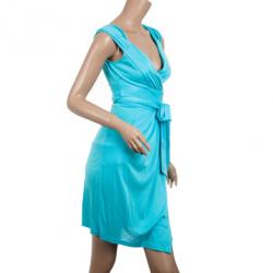 Pre Owned Diane Von Furstenberg Aqua Celosa Cotton Wrap Dress XXS