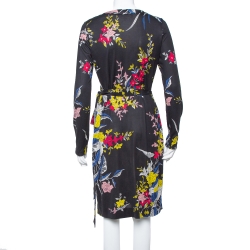 Pre Owned Diane Von Furstenberg Black Floral Printed Silk Camden Wrap Dress M
