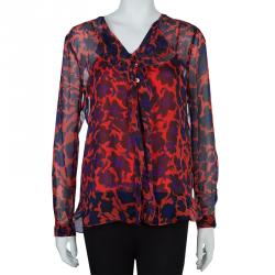 Pre Owned Diane Von Furstenberg Red Silk Floral Print Ruffle Detail Reese Blouse M