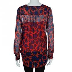 Pre Owned Diane Von Furstenberg Red Silk Floral Print Ruffle Detail Reese Blouse M