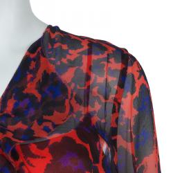 Pre Owned Diane Von Furstenberg Red Silk Floral Print Ruffle Detail Reese Blouse M