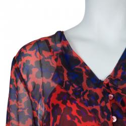 Pre Owned Diane Von Furstenberg Red Silk Floral Print Ruffle Detail Reese Blouse M