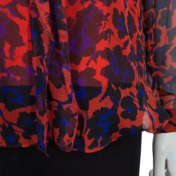 Pre Owned Diane Von Furstenberg Red Silk Floral Print Ruffle Detail Reese Blouse M