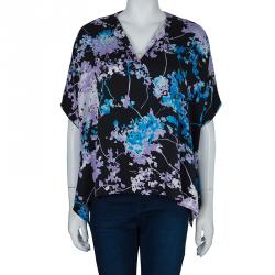 Pre Owned Diane Von Furstenberg Black Floral Print Oversized Kora Silk Blouse XS