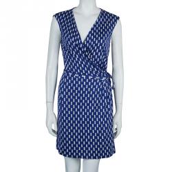 Pre Owned Diane Von Furstenberg Blue Printed Callista Wrap Dress M