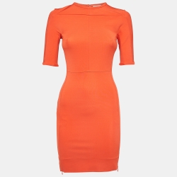 Orange Stretch Knit Bodycon Mini Dress