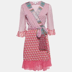 Pink Floral Print Silk Jersey Wrap Dress
