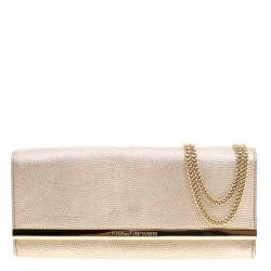 Pre Owned Diane Von Furstenberg Gold Lizard Embossed Leather Soiree Clutch