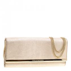 Pre Owned Diane Von Furstenberg Gold Lizard Embossed Leather Soiree Clutch