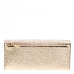 Pre Owned Diane Von Furstenberg Gold Lizard Embossed Leather Soiree Clutch