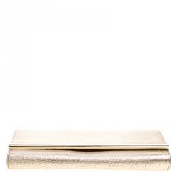 Pre Owned Diane Von Furstenberg Gold Lizard Embossed Leather Soiree Clutch