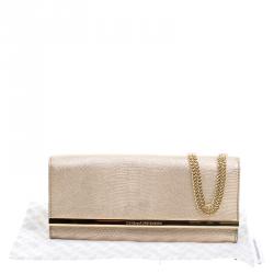 Pre Owned Diane Von Furstenberg Gold Lizard Embossed Leather Soiree Clutch