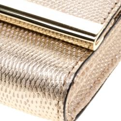 Pre Owned Diane Von Furstenberg Gold Lizard Embossed Leather Soiree Clutch
